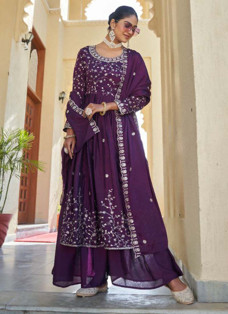 Prazu Fashion Violet Chinon Silk Embroidered Nayra Cut Sharara Suit