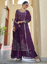 Thumbnail for Prazu Fashion Violet Chinon Silk Embroidered Nayra Cut Sharara Suit