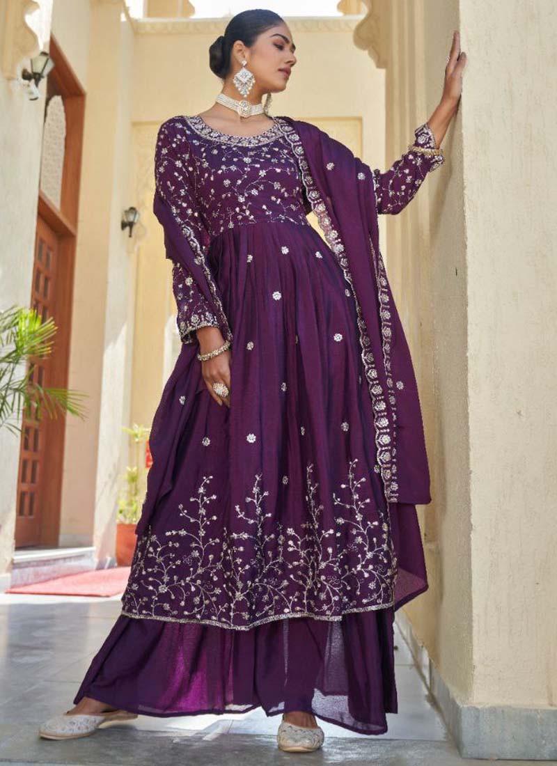 Prazu Fashion Violet Chinon Silk Embroidered Nayra Cut Sharara Suit