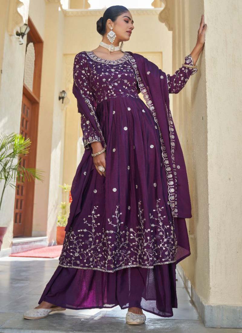 Prazu Fashion Violet Chinon Silk Embroidered Nayra Cut Sharara Suit