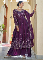 Thumbnail for Prazu Fashion Violet Chinon Silk Embroidered Nayra Cut Sharara Suit