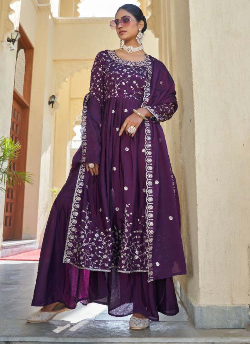 Prazu Fashion Violet Chinon Silk Embroidered Nayra Cut Sharara Suit
