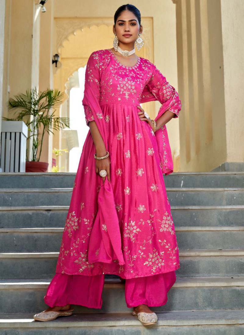 Prazu Fashion Rani Pink Chinon Silk Embroidered Nayra Cut Sharara Suit