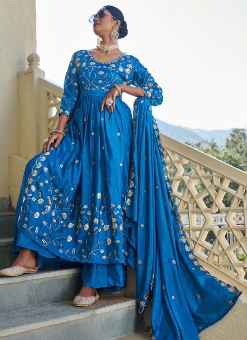 Prazu Fashion Sky Blue Chinon Silk Embroidered Nayra Cut Sharara Suit