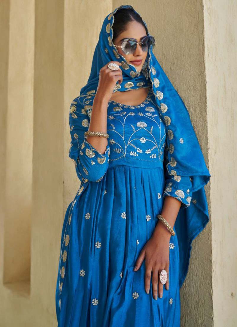 Prazu Fashion Sky Blue Chinon Silk Embroidered Nayra Cut Sharara Suit