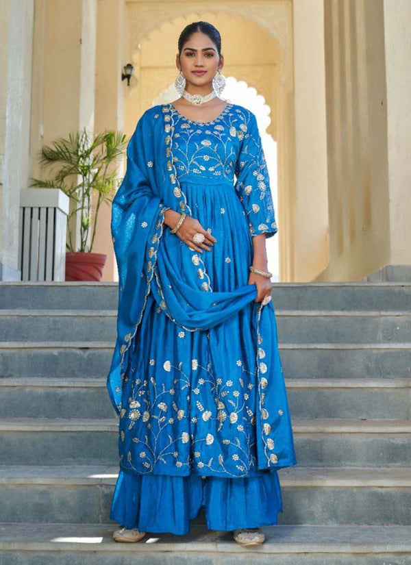 Prazu Fashion Sky Blue Chinon Silk Embroidered Nayra Cut Sharara Suit