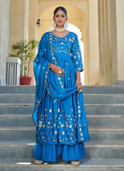 Prazu Fashion Sky Blue Chinon Silk Embroidered Nayra Cut Sharara Suit