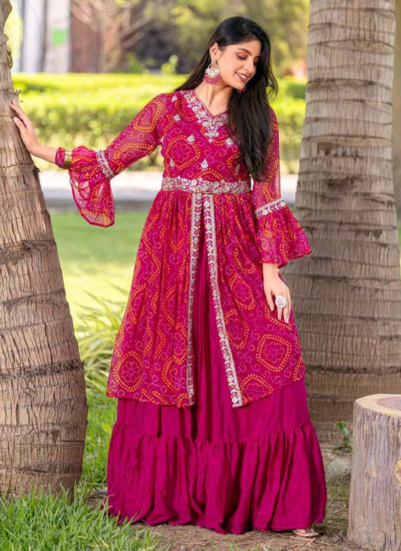 Prazu Fashion Pink Bandhej Embroidered Top With Lehenga
