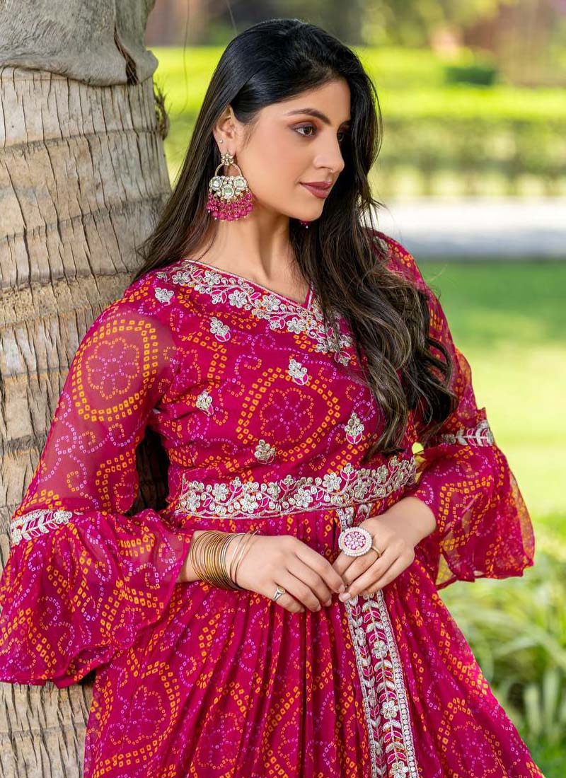 Prazu Fashion Pink Bandhej Embroidered Top With Lehenga
