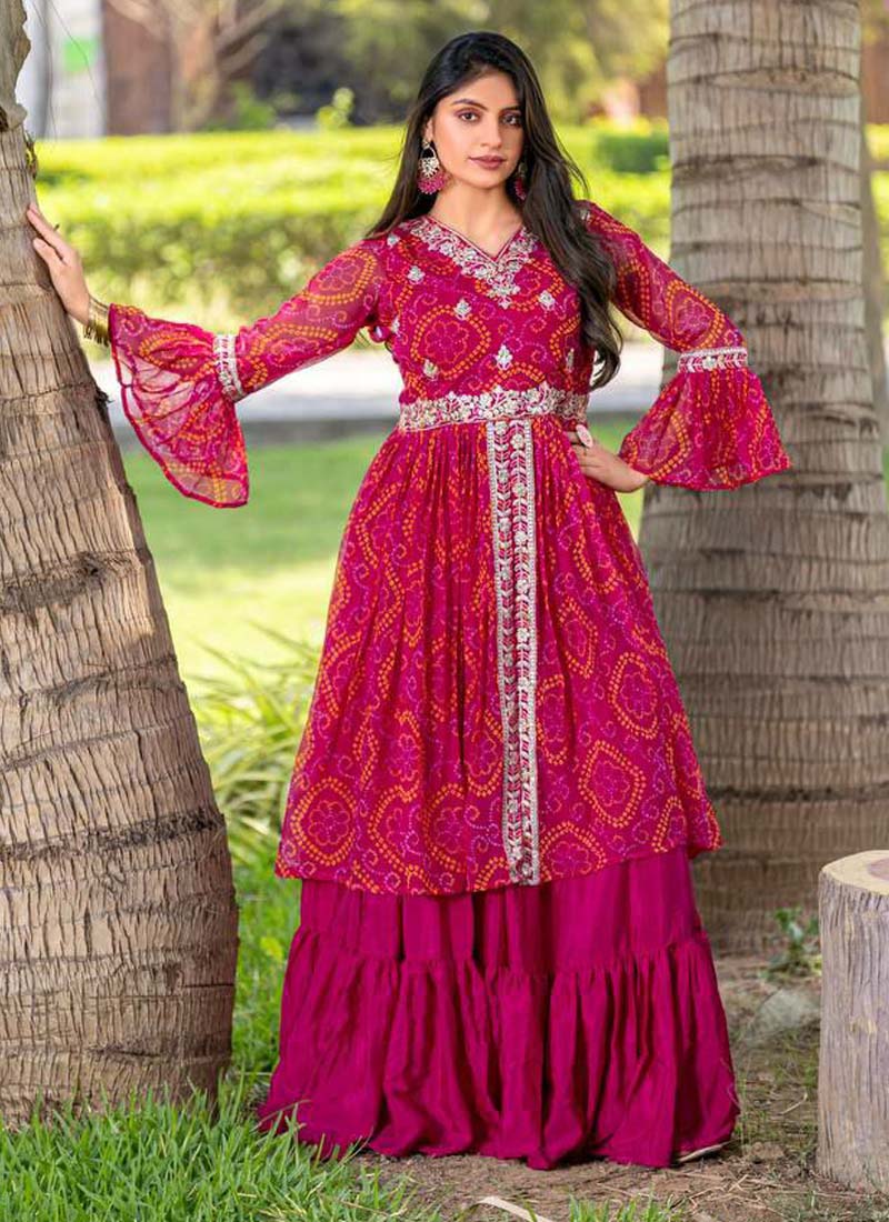Prazu Fashion Pink Bandhej Embroidered Top With Lehenga