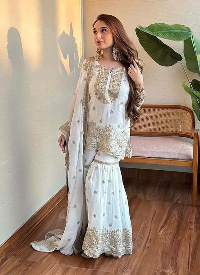 Prazu Fashion Off White Chinon Silk Embroidered Sharara Suit