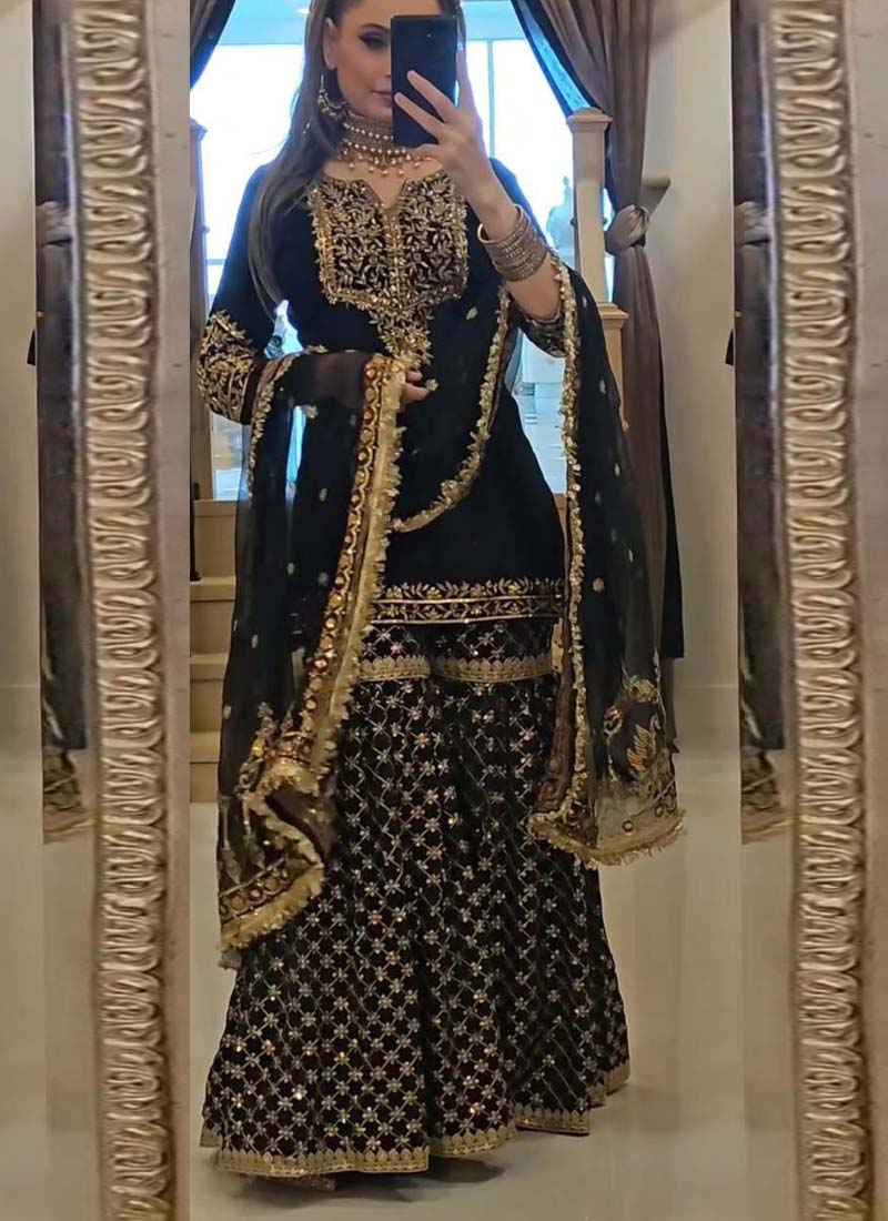 Prazu Fashion Black Georgette Embroidered Sharara Suit