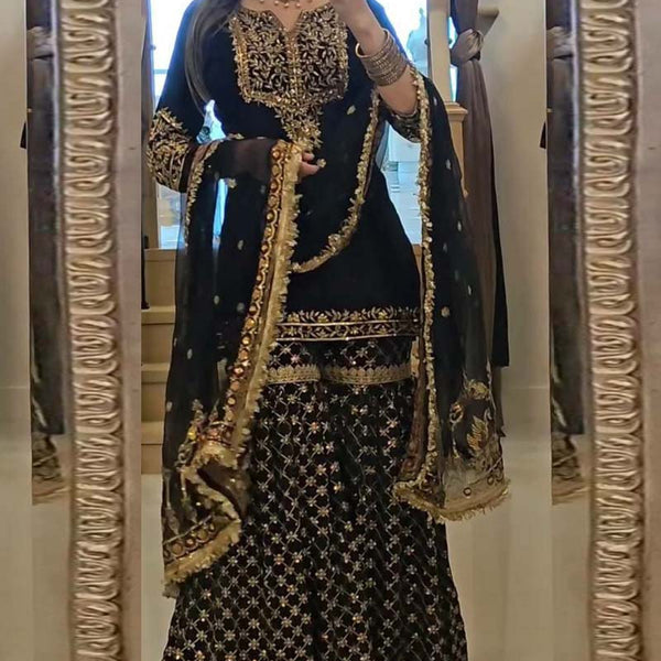 Prazu Fashion Black Georgette Embroidered Sharara Suit