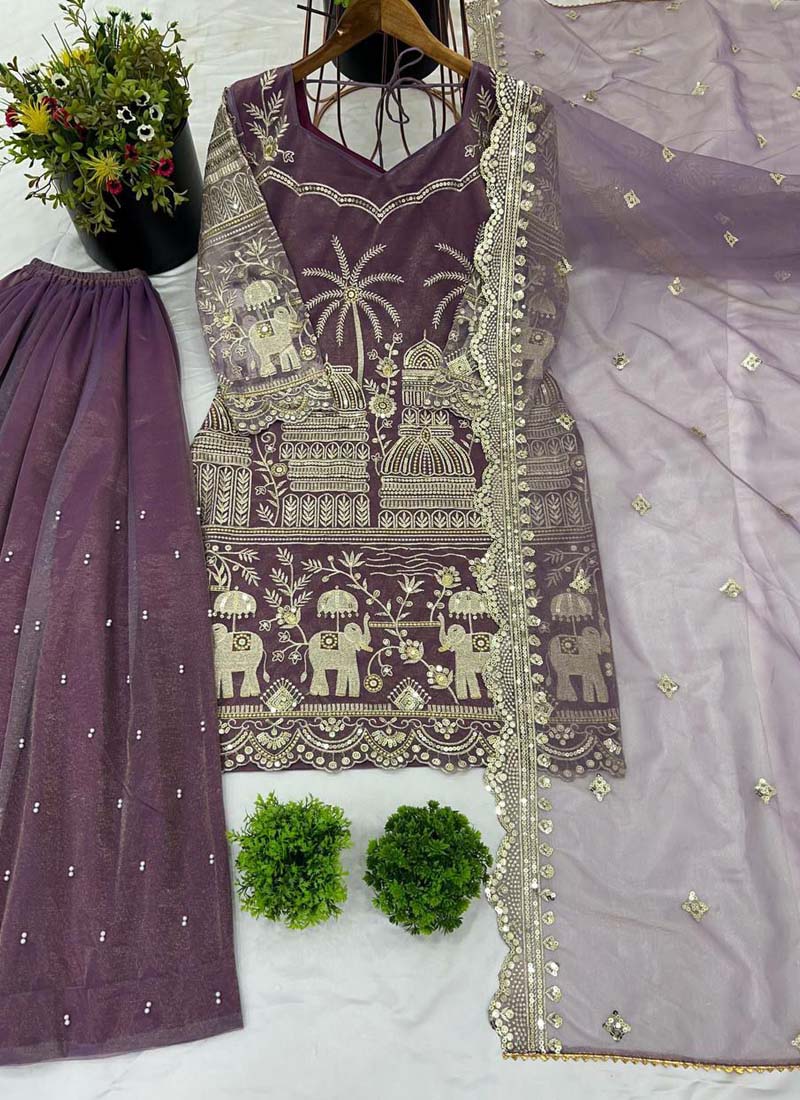 Prazu Fashion Lavender Organza Embroidered Palazzo Suit