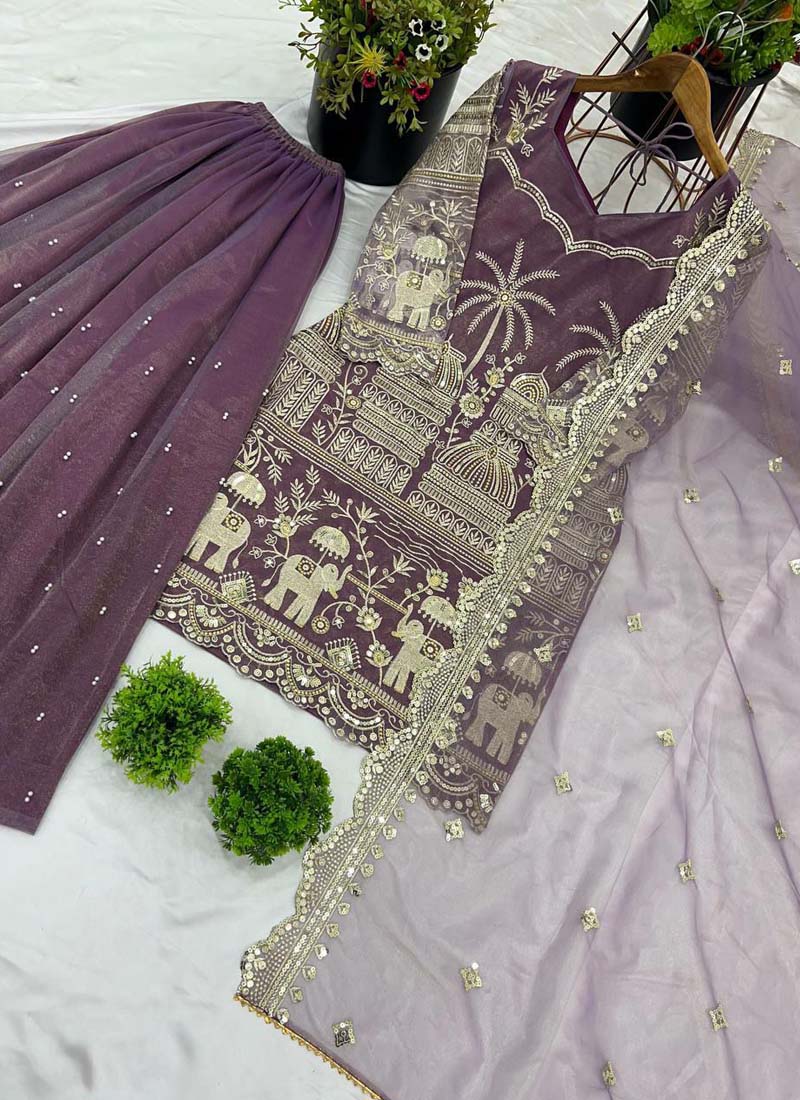 Prazu Fashion Lavender Organza Embroidered Palazzo Suit