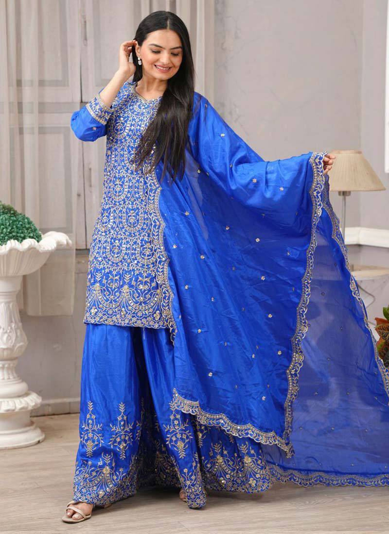 Prazu Fashion Royal Blue Chinon Silk Embroiederd Sharara Suit