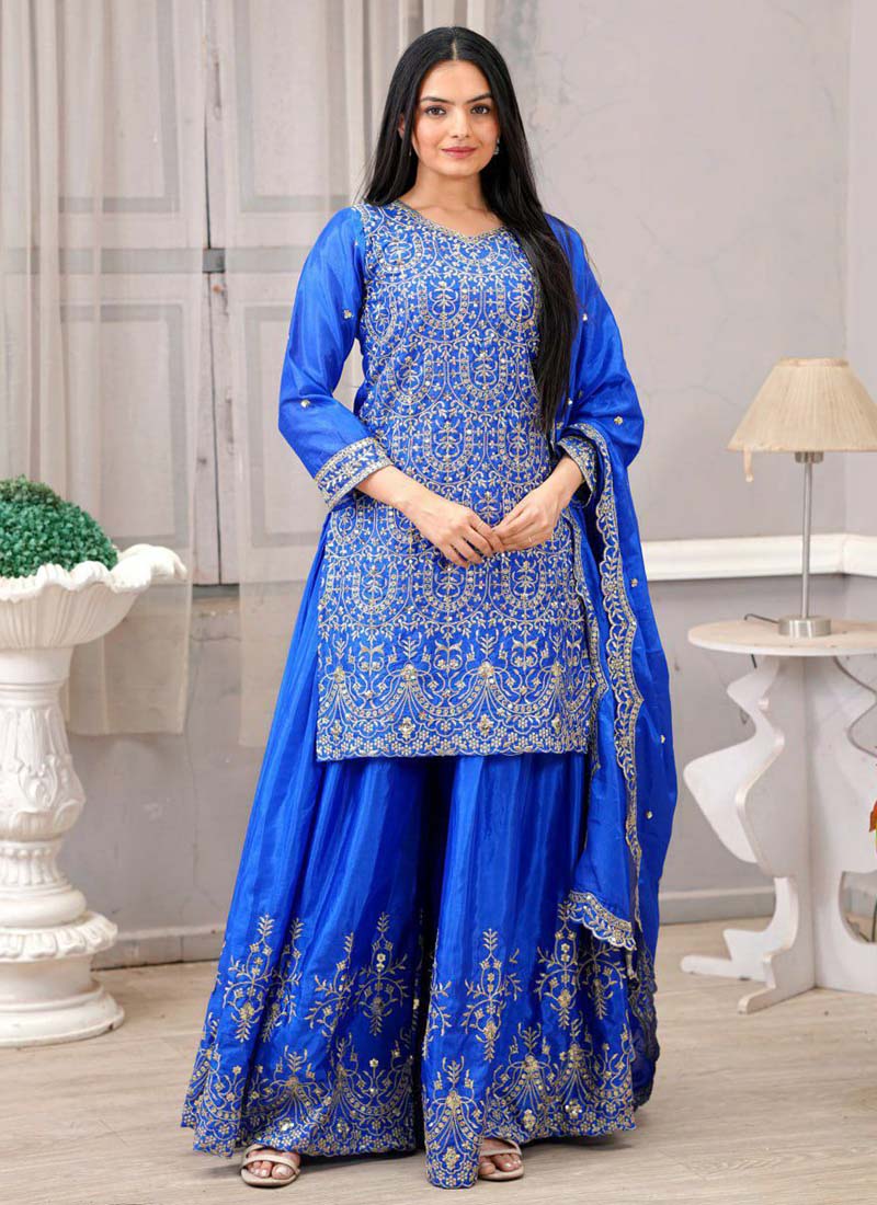 Prazu Fashion Royal Blue Chinon Silk Embroiederd Sharara Suit