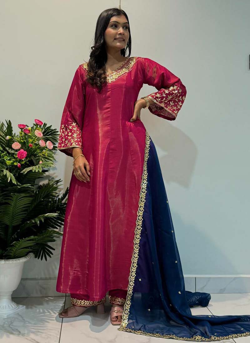 Prazu Fashion Rani Pink Roman Silk Embroidered Anarkali Suit - Distacart