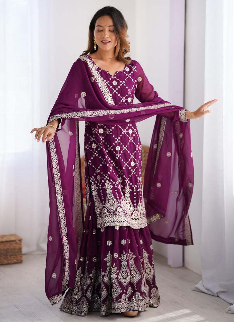 Prazu Fashion Purple Georgette Sequence Palazzo Suit