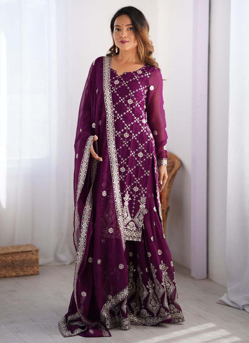 Prazu Fashion Purple Georgette Sequence Palazzo Suit - Distacart