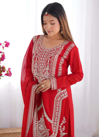 Prazu Fashion Red Vichitra Silk Embroidered Salwar Suit - Distacart