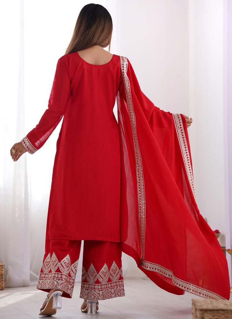 Prazu Fashion Red Vichitra Silk Embroidered Salwar Suit