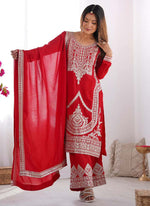 Thumbnail for Prazu Fashion Red Vichitra Silk Embroidered Salwar Suit