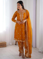 Thumbnail for Prazu Fashion Yellow Georgette Thread Work Salwar Suit
