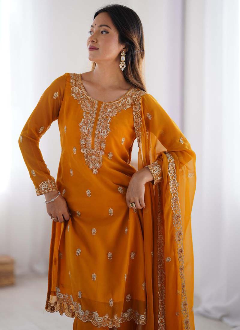 Prazu Fashion Yellow Georgette Thread Work Salwar Suit