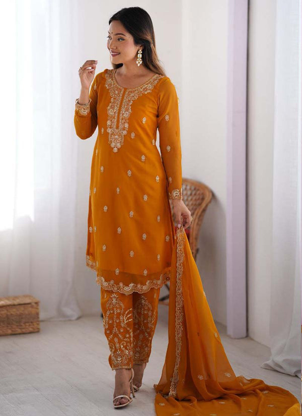 Prazu Fashion Yellow Georgette Thread Work Salwar Suit
