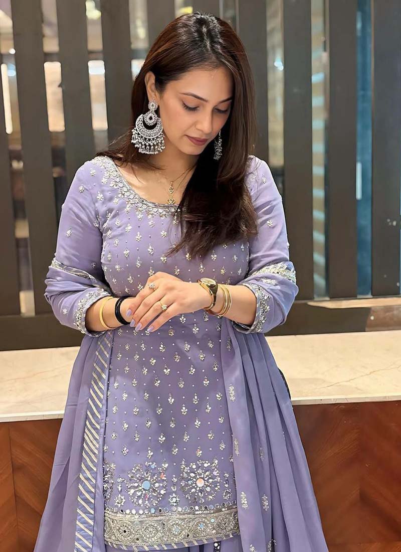 Prazu Fashion Light Lavender Georgette Embroidered Palazzo Suit