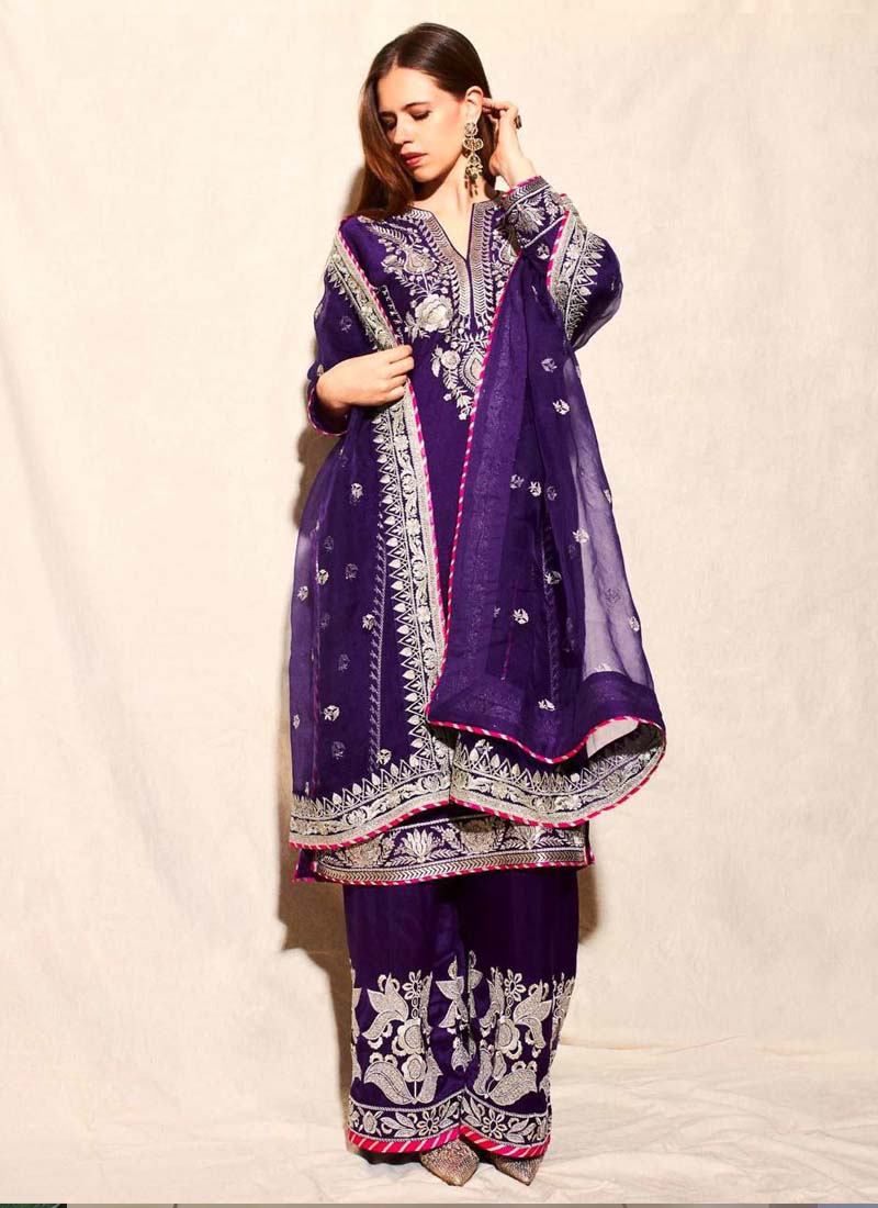 Prazu Fashion Violet Blue Chinon Silk Embroidered Palazzo Suit