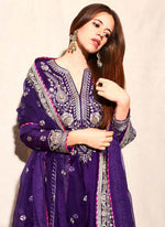 Thumbnail for Prazu Fashion Violet Blue Chinon Silk Embroidered Palazzo Suit