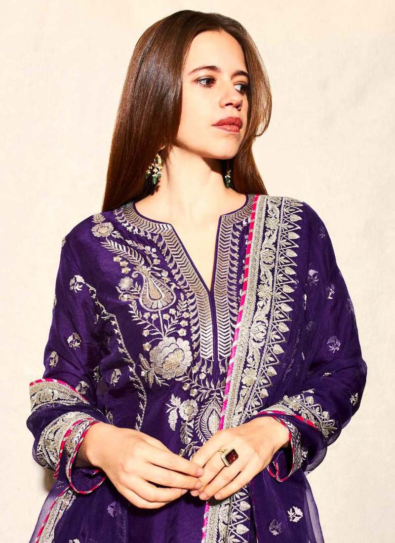 Prazu Fashion Violet Blue Chinon Silk Embroidered Palazzo Suit