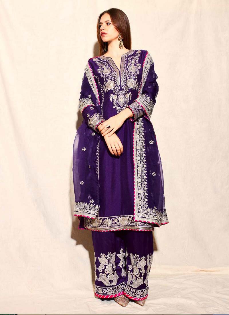 Prazu Fashion Violet Blue Chinon Silk Embroidered Palazzo Suit