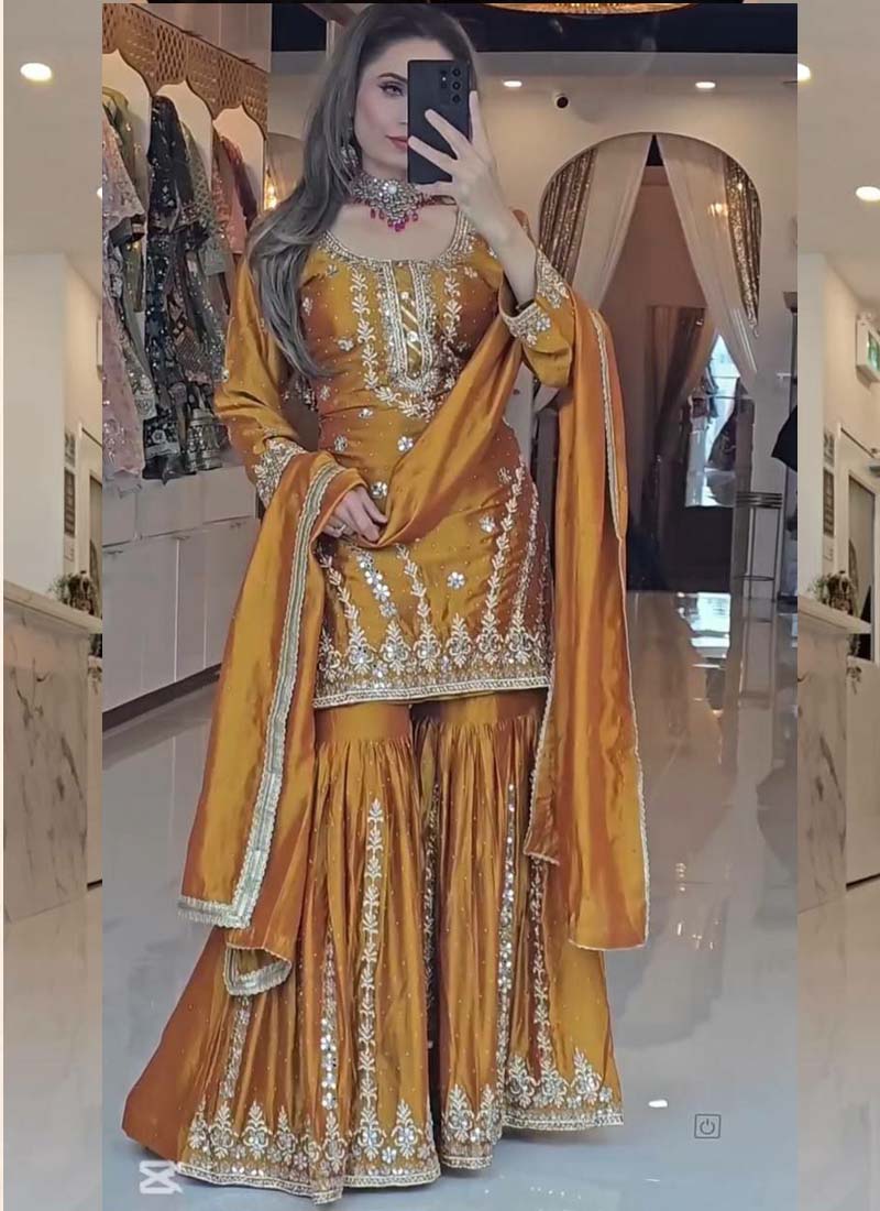 Prazu Fashion Yellow Georgette Embroidered Sharara Suit