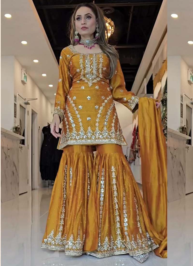 Prazu Fashion Yellow Georgette Embroidered Sharara Suit