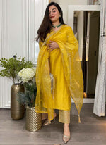 Thumbnail for Prazu Fashion Yellow Roman Silk Embroidered Salwar Suit