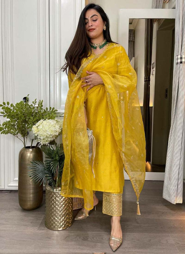 Prazu Fashion Yellow Roman Silk Embroidered Salwar Suit