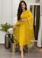 Thumbnail for Prazu Fashion Yellow Roman Silk Embroidered Salwar Suit