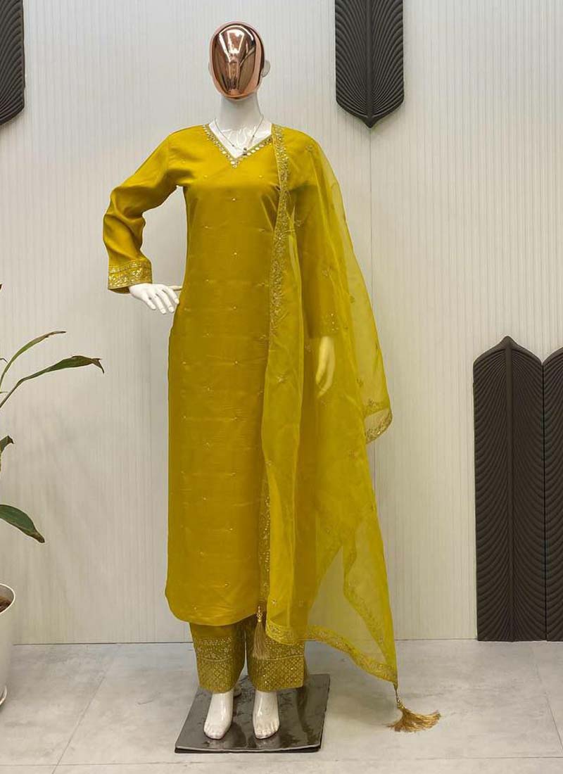 Prazu Fashion Yellow Roman Silk Embroidered Salwar Suit