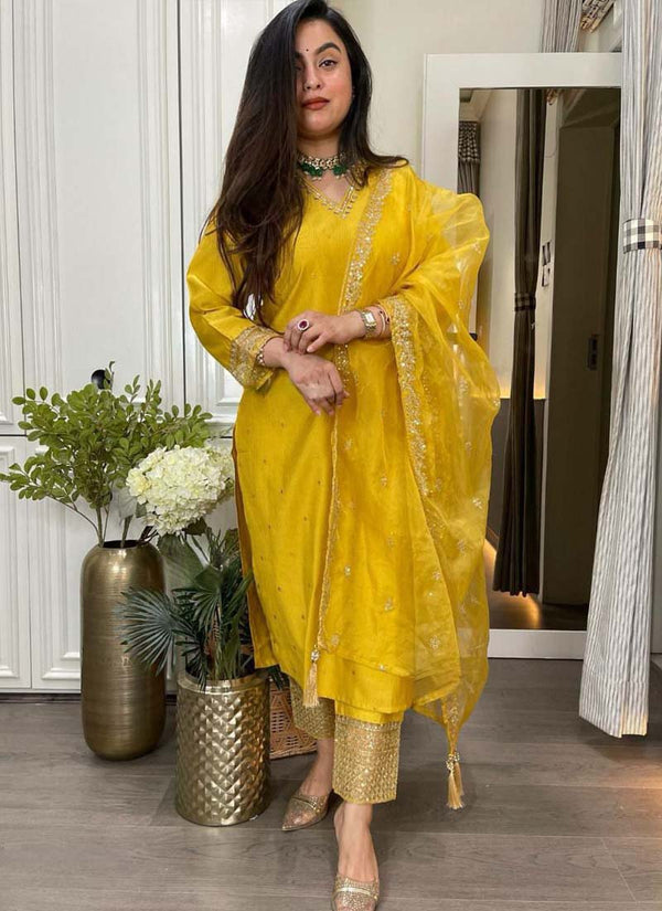 Prazu Fashion Yellow Roman Silk Embroidered Salwar Suit