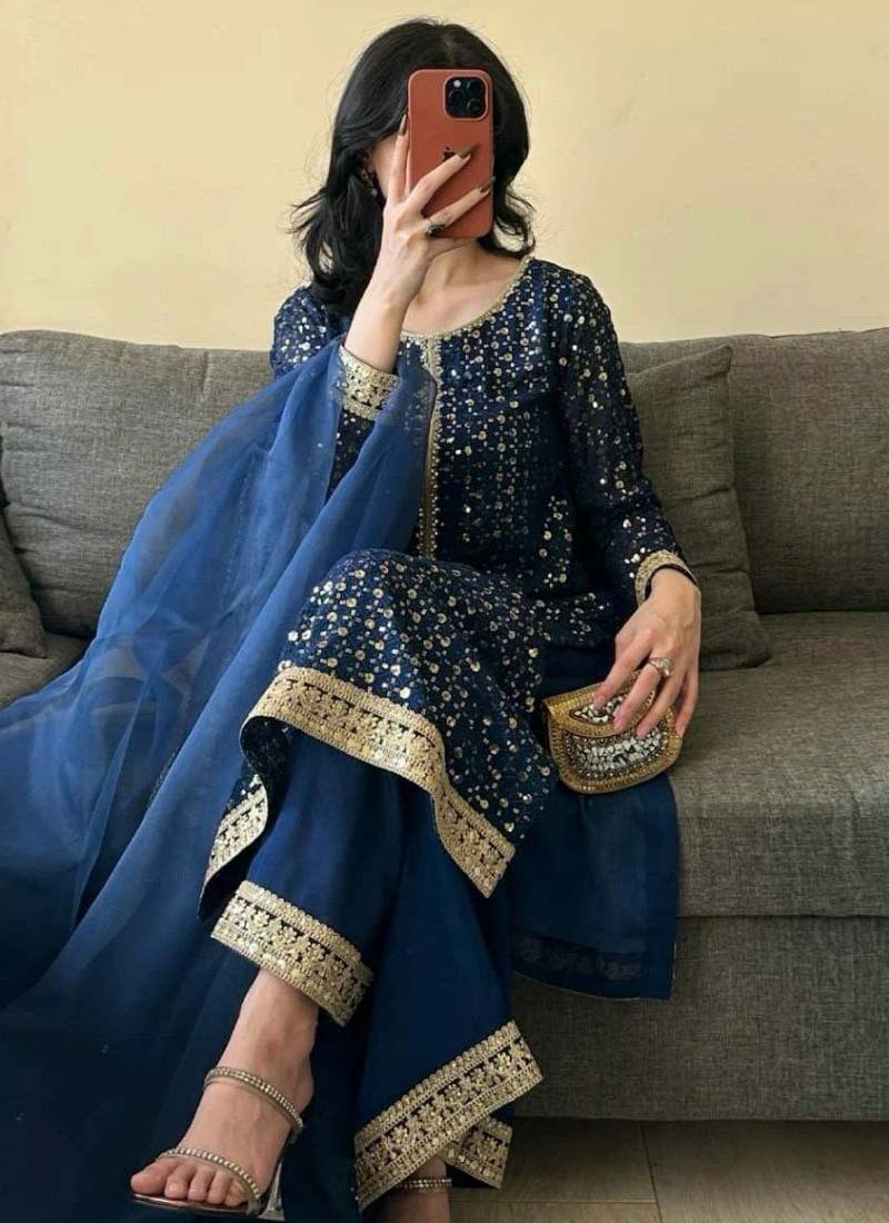 Prazu Fashion Blue Georgette Thread Sequence Palazzo Suit