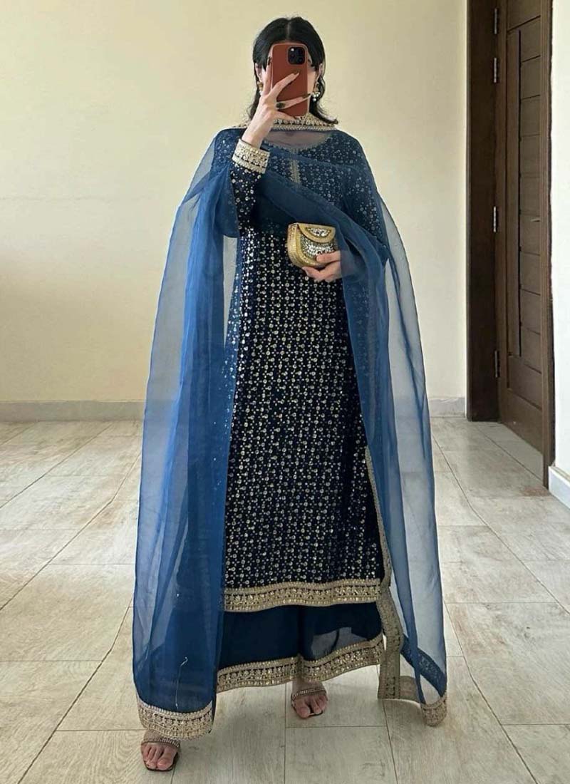 Prazu Fashion Blue Georgette Thread Sequence Palazzo Suit