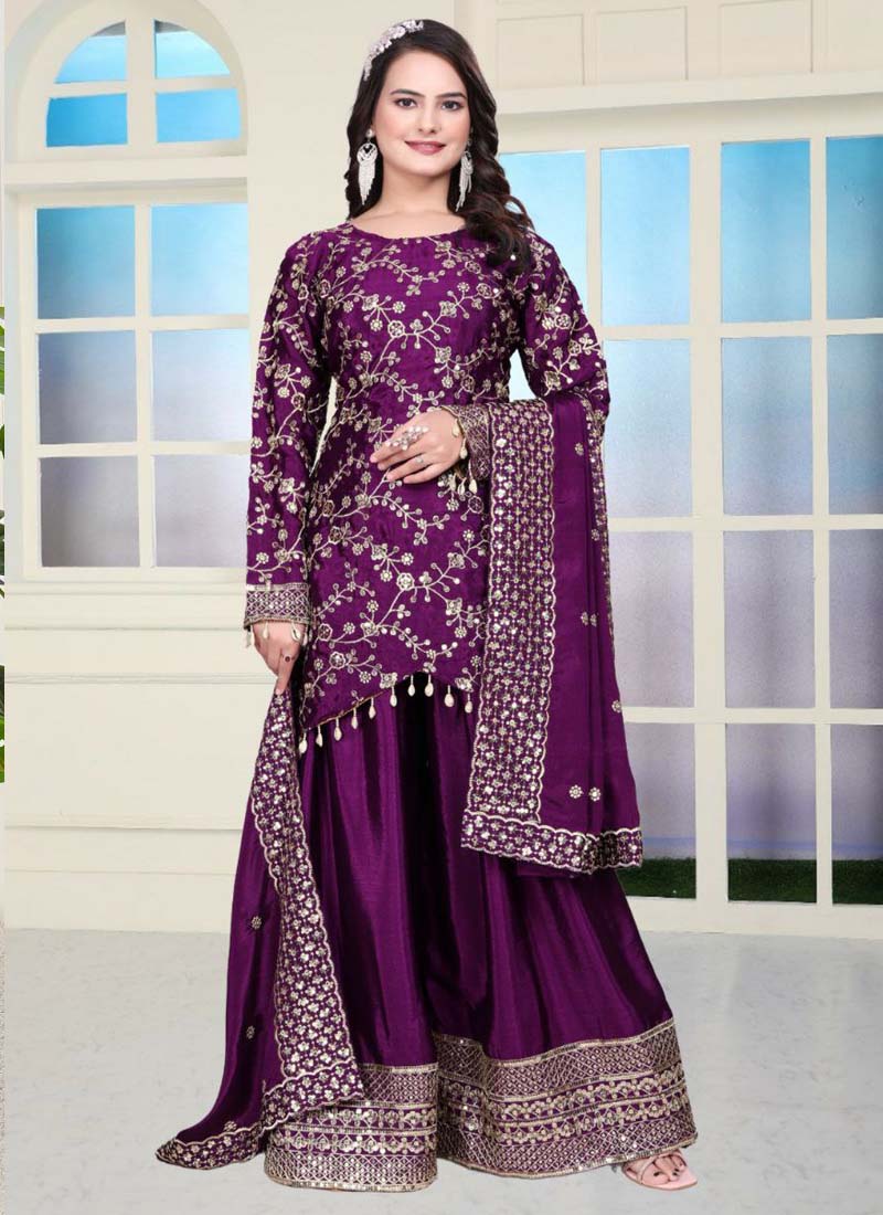 Prazu Fashion Violet Chinon Silk Embroidered Sharara Suit