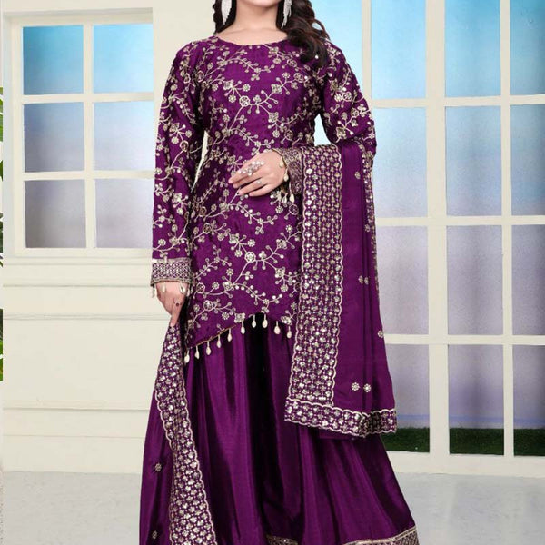 Prazu Fashion Violet Chinon Silk Embroidered Sharara Suit