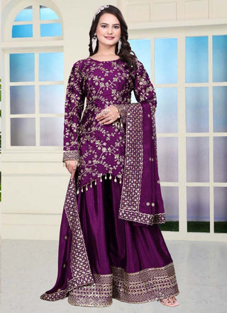 Prazu Fashion Violet Chinon Silk Embroidered Sharara Suit