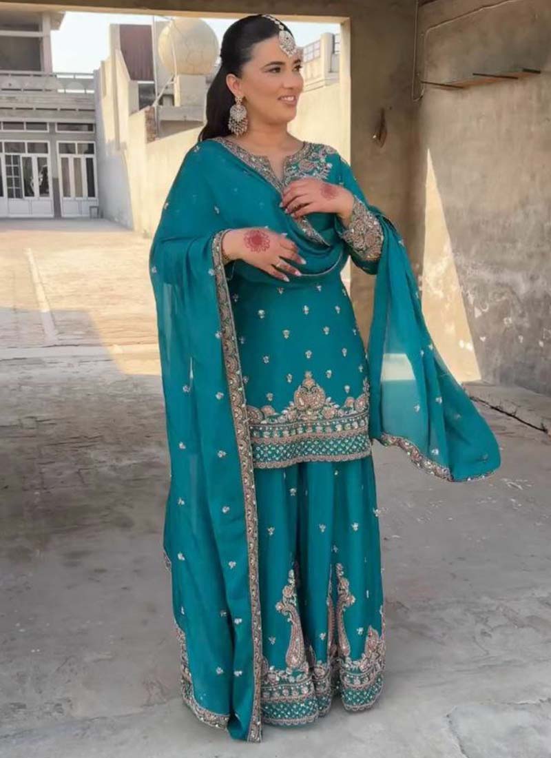 Prazu Fashion Turquoise Chinon Silk Embroidered Palazzo Suit