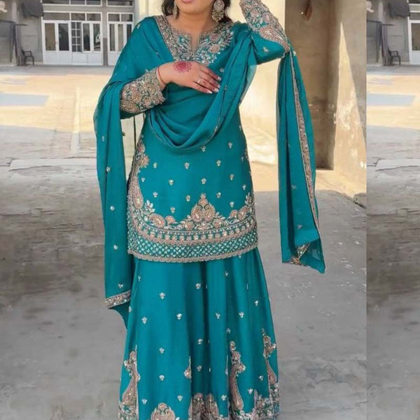 Prazu Fashion Turquoise Chinon Silk Embroidered Palazzo Suit