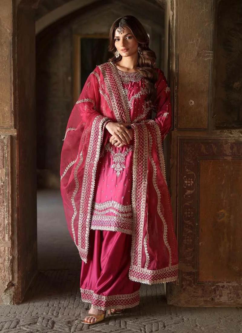 Prazu Fashion Pink Chinon Silk Embroidered Sharara Suit